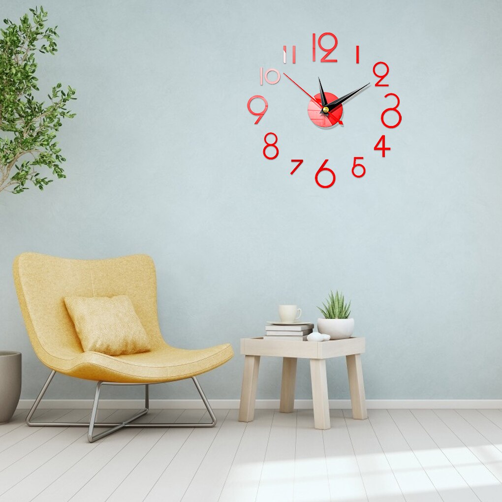 Wall Clock Sticker 3D DIY Hanging Clock Decal Self Adhesive Decoration Wallclock Sticker, Red