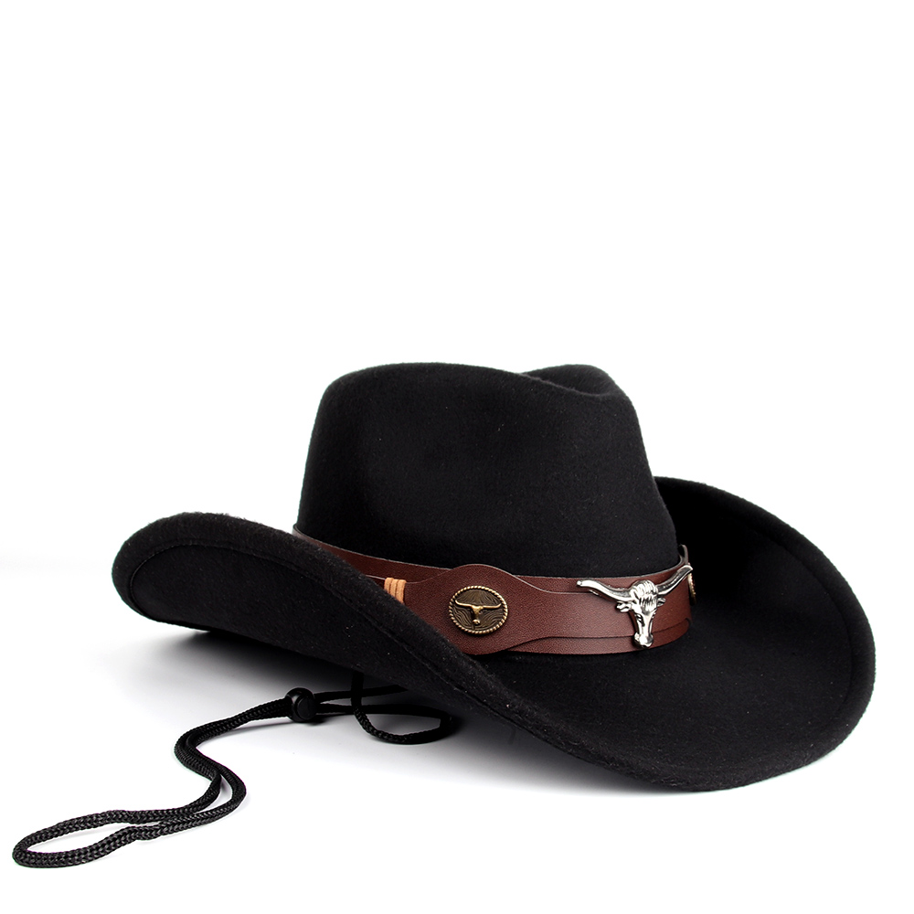 Cappello Da Cowboy Donna In Lana Nero A Tesa Larga Con Fibbia - Vintage, Traspirante, Taglia Unica (56-58 Cm)