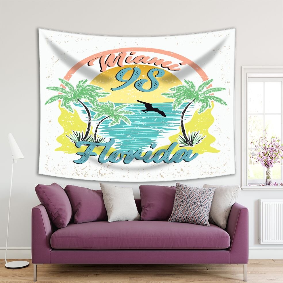 Tapestry Miami Florida Zee Strand Palm Bomen Seagull Cartoon Blauw Geel Roze Vintage Stijl Kunstwerk