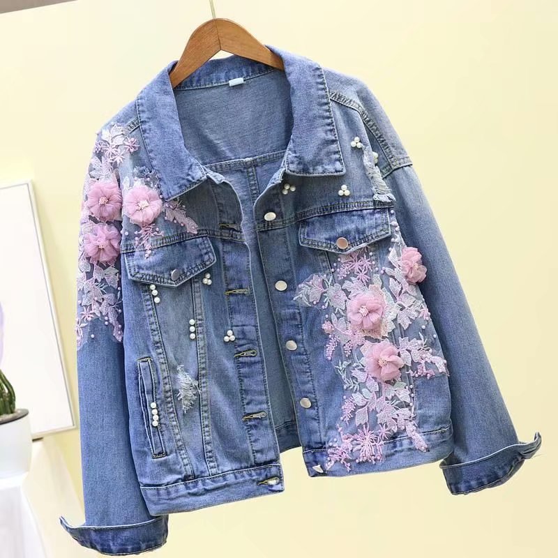 Chaqueta vaquera para niña, ropa con bordado de flores, primavera y otoño,: Denim Jacket / L 57-63kg