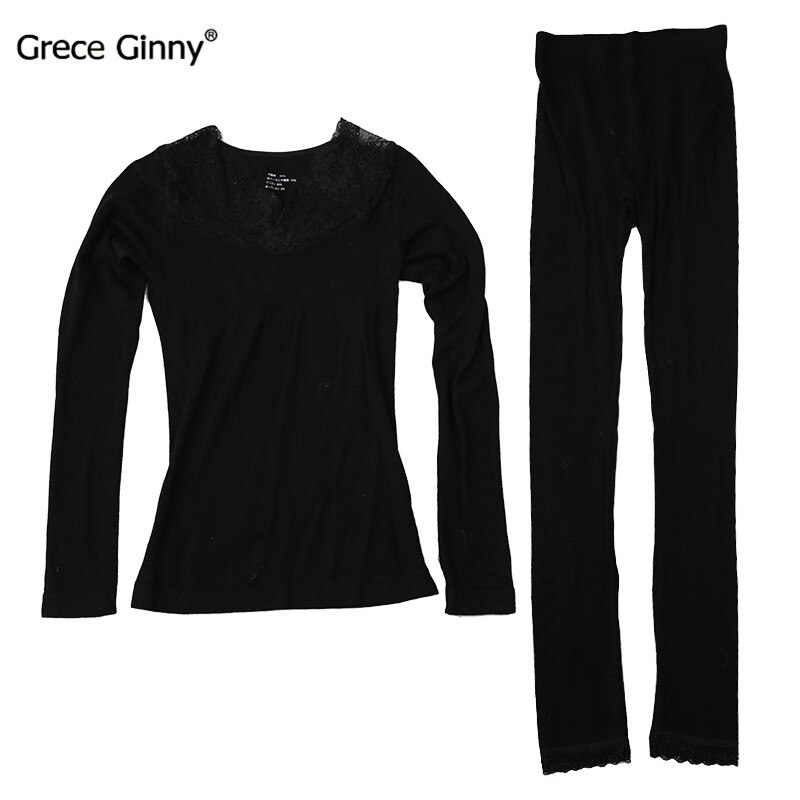 Høst og vinter dame frotté sett blondere side v-hals slank tynn termisk undertøy høst klær: Svart