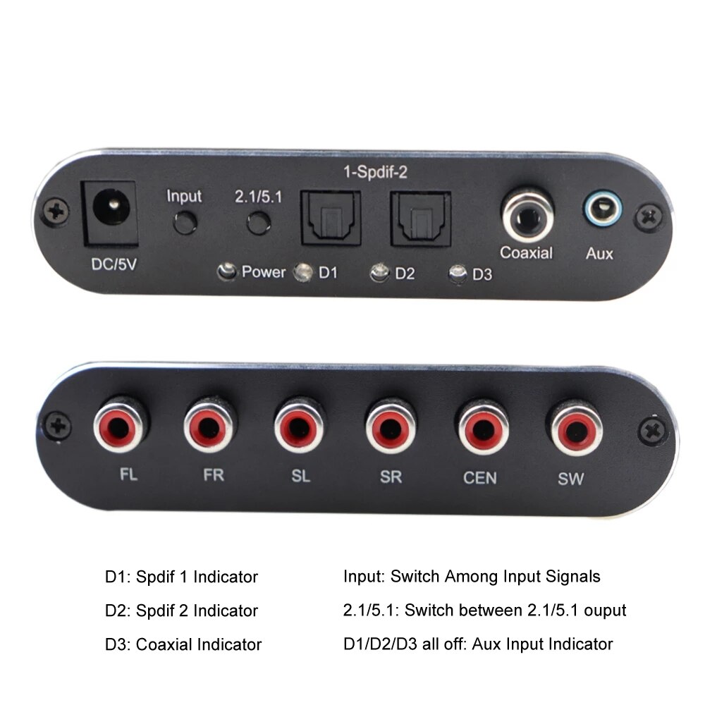 HD Audio Rush Digital Surround Sound Decoder Converter Optical SPDIF Coaxial 3.5 AUX Dolby AC3 DTS to 5.1CH Analog 6 RCA Output