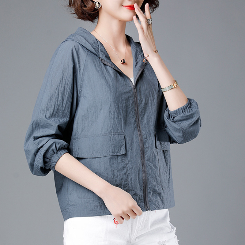 Summer Lightweight Sun Protection Coat Women Zipper Up Hooded Casual Jackets Woman Loose Pocket Long Sleeve Sunscreen Coats: M / ROYAL BLUE