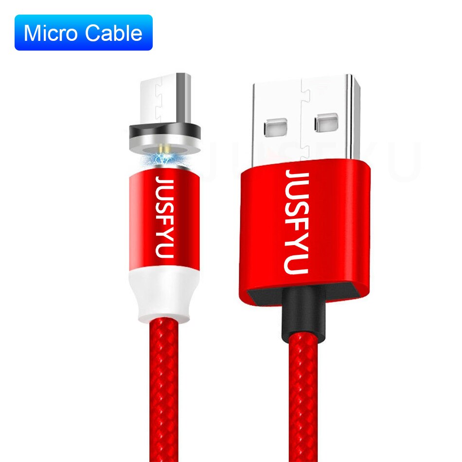 Cable de carga magnético LED para móvil, Cable Micro USB tipo C para iPhone XR, XS, MAX, X, 8, 7, 6, 6S Plus, 360: 2m / Red for Micro