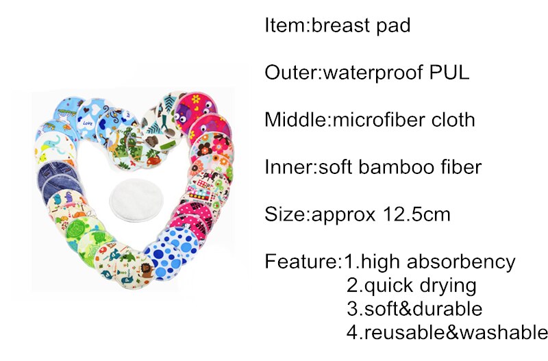 5 par vaskbare brystpuder, der kan genanvendes, vandtæt, trykt ammepadepude ,12cm størrelse, indvendige ammepuder i bambusmateriale