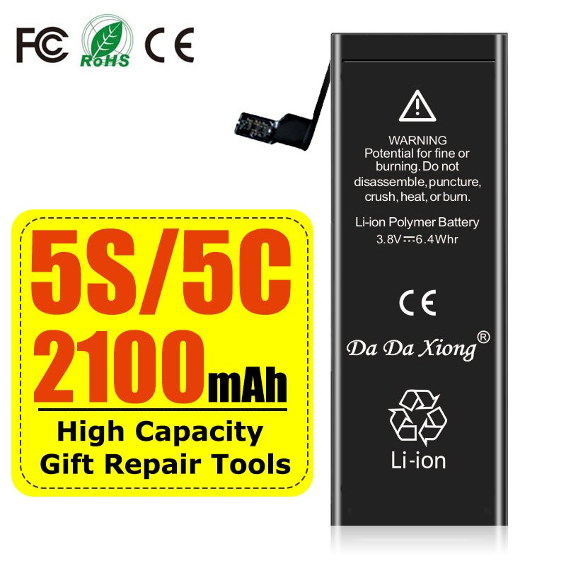 Batería de alta capacidad para teléfono móvil, paquete con sello de ciclo 0, para iPhone 4, 4S, 5, 5S, 5C, SE , 6, 6S, 7, 8, SE2 Plus, X, XR, XS, 11 Pro Max: For 5S-5C 2100mAh