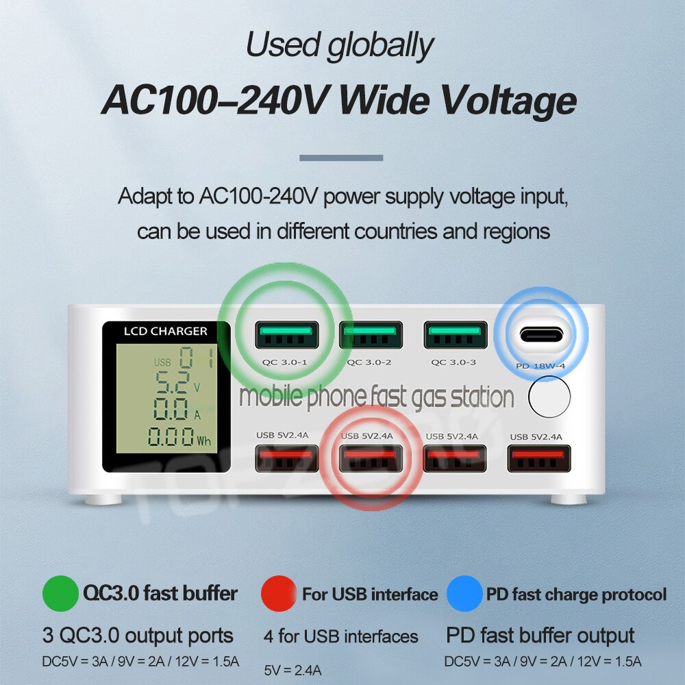 8 Port inteligentna ładowarka USB 100W szybkie ładowanie 3.0 PD 3.0 szybkie ładowanie adapter LCD wielu stacja ładująca USB dla iPhone X XS Samsung