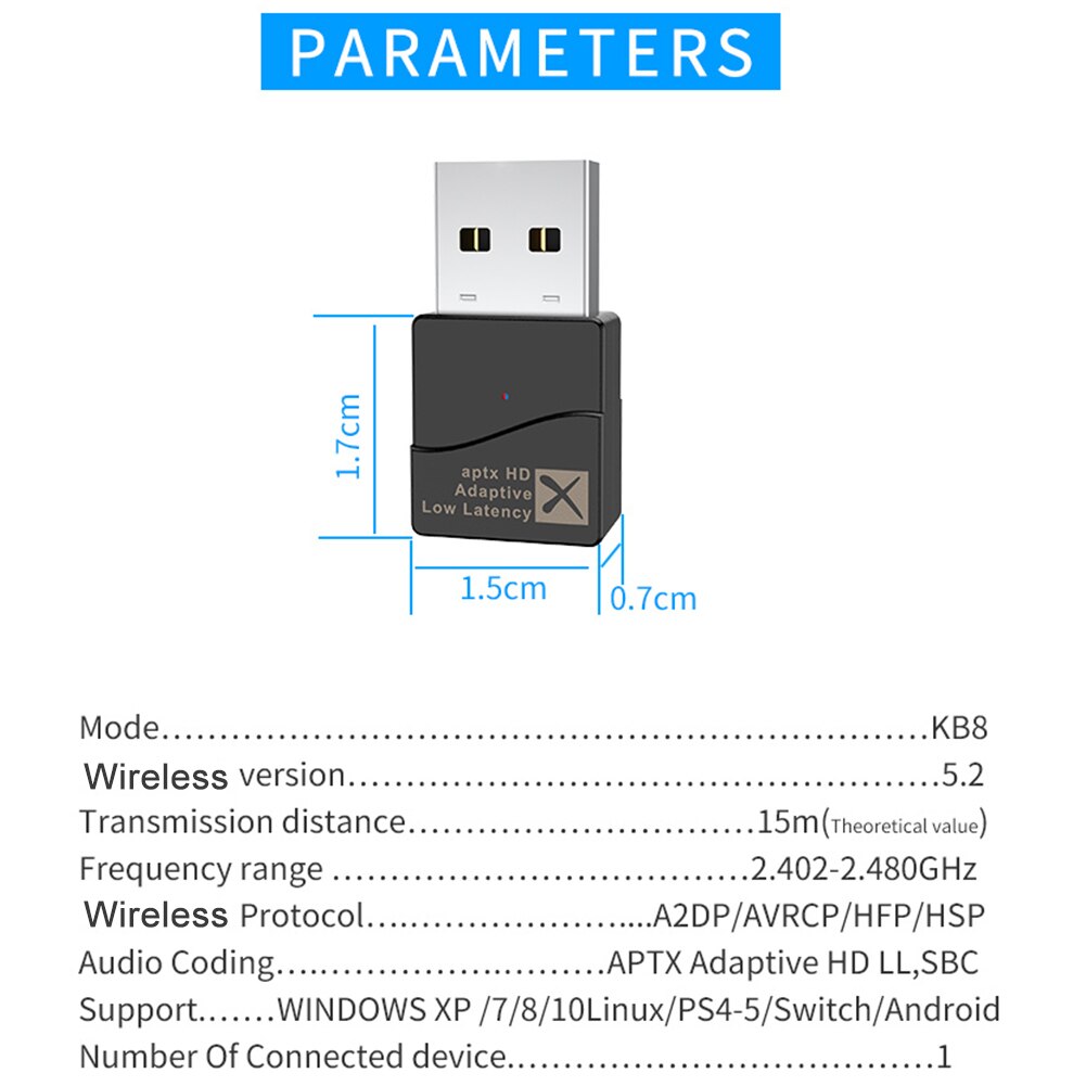 Bluetooth-adapter usb bluetooth 5.2 sender qcc 3040 chip, treiberlos, geeignet für spielekonsolen, computer und kabellose kopfhörer