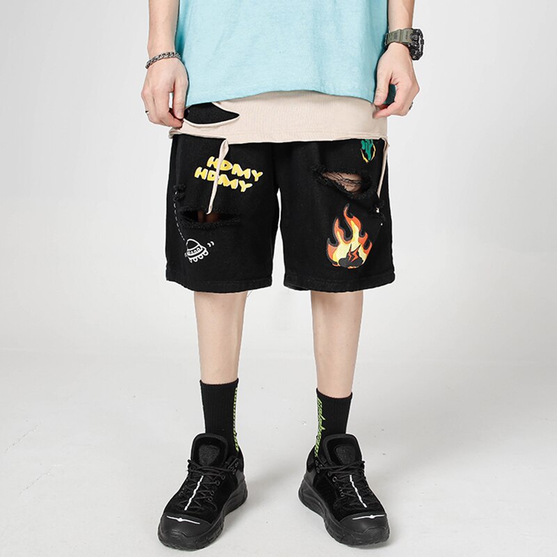 Summer Denim Harem Shorts Men Lightning Flame Print Hip Hop Knee Length Ripped Hole Streetwear Pockets Beach Shorts