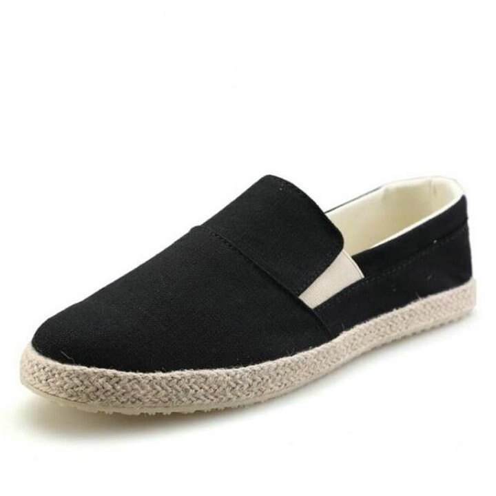 Zomer herenschoenen instappers casual schoenen voor jonge heren ademende canvas loafers lage schoenen heren platte schoenen: Zwart / 7