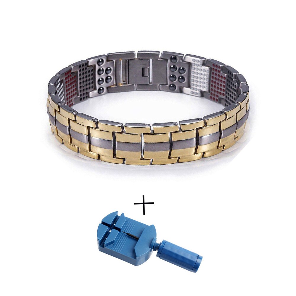 FINE4U B390 Double Row Strength 4 Element Titanium Magnetic Therapy Bracelet for Arthritis Pain Relief: Silver Gold2