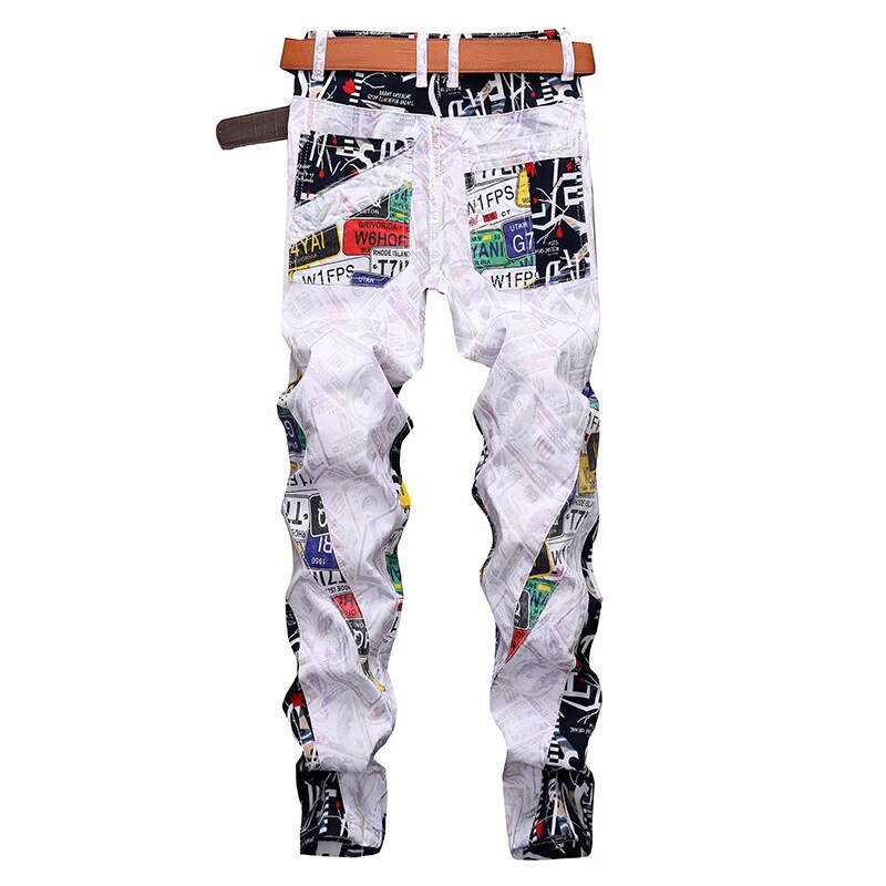 Mænds bogstaver printet patchwork hvide jeans farvet malet slim straight denim bukser