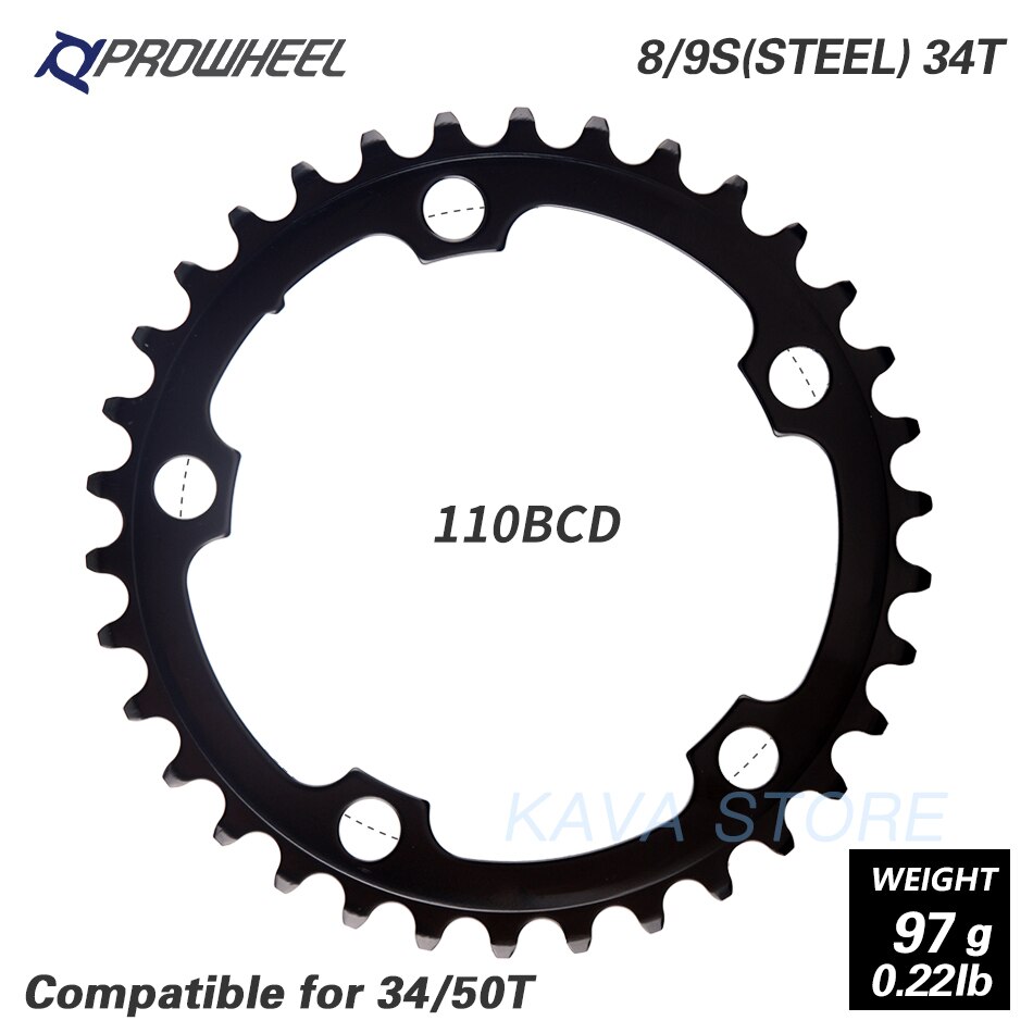 PROWHEEL route vélo plateau 110BCD 130BCD 34/39/50/53T pignon acier/alliage d'aluminium/AL-7075 CNC 8/9/10/11 vitesse chaîne: 5H 110BCD 34T STEEL