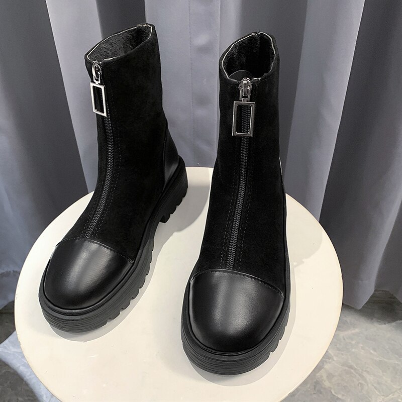 Botas negras de tacón cuadrado para mujer, zapatos cálidos de felpa con cremallera, para invierno,