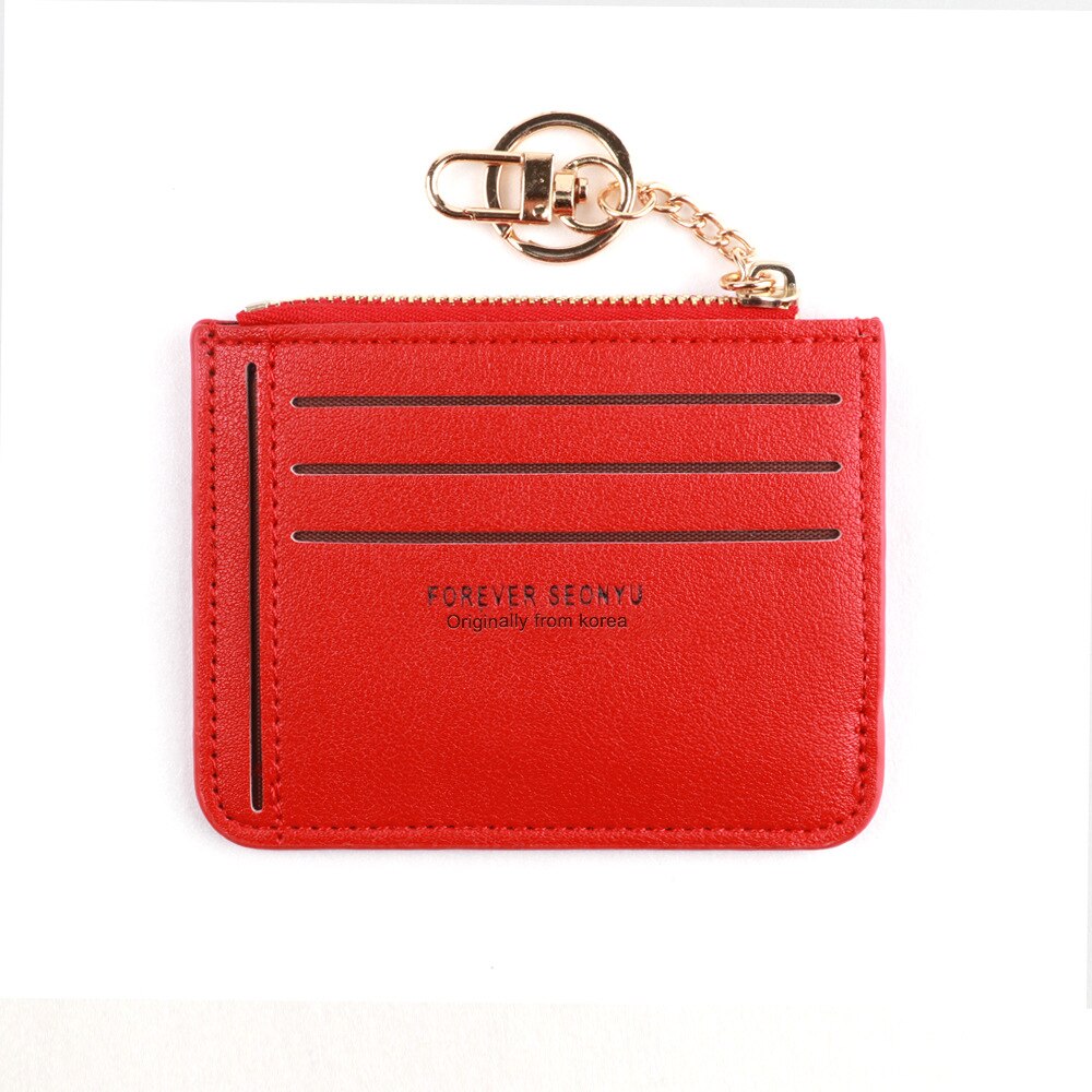 Brand Super Thin Small Credit Card Holder Wallet Women&#39;s Leather Key Chain ID Card Case Slim Female Ladies Mini Coin Purse: Red