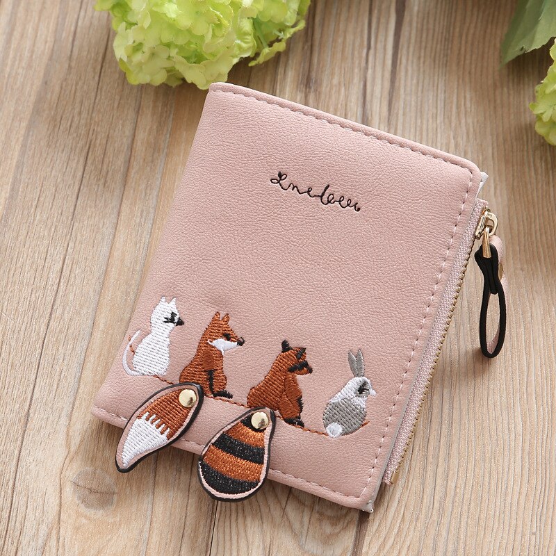 Girl Cartoon Leather Small Wallet Luxury Women Short Coin Zipper Purse Card Holder Outdoor Portable Wallets: Pink