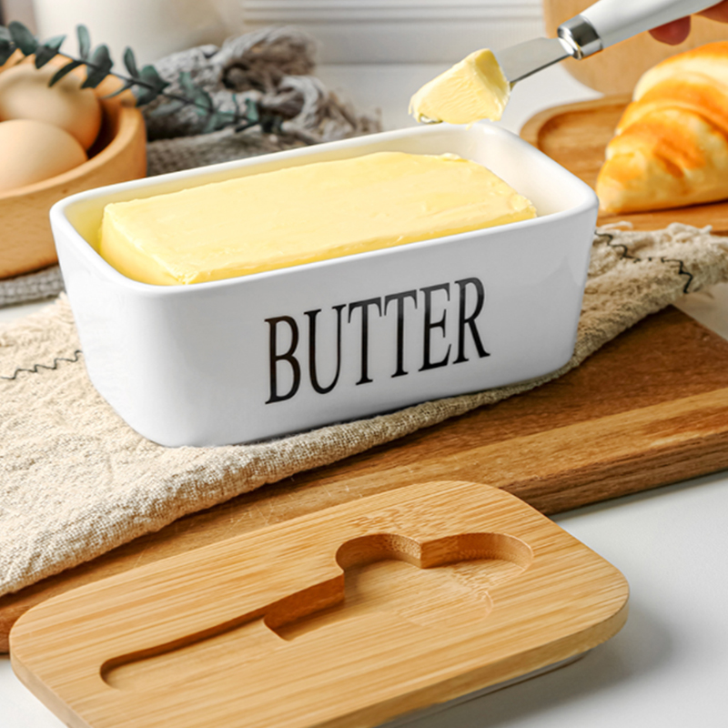 Ceramic Butter Box Cheese Storage Sealing Dish Tray With Wood Lid Knife Food Dish Butter Keeper Tool Plate Container For Kitchen