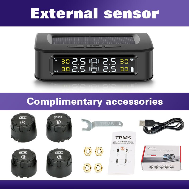 Tpms 5 däck bilsensor trycklarmövervakningssystem visar soltryckskontrollvarning via extern sensor 6 bar usb: 4 externa sensorer