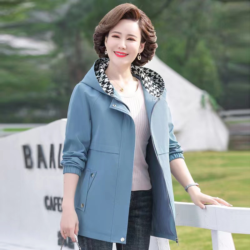 Middle-aged Elderly Women Jacket Spring Hooded Zipper Overcoat Autumn Coats Outerwear Mother Clothes Female Windbreakers 5XL