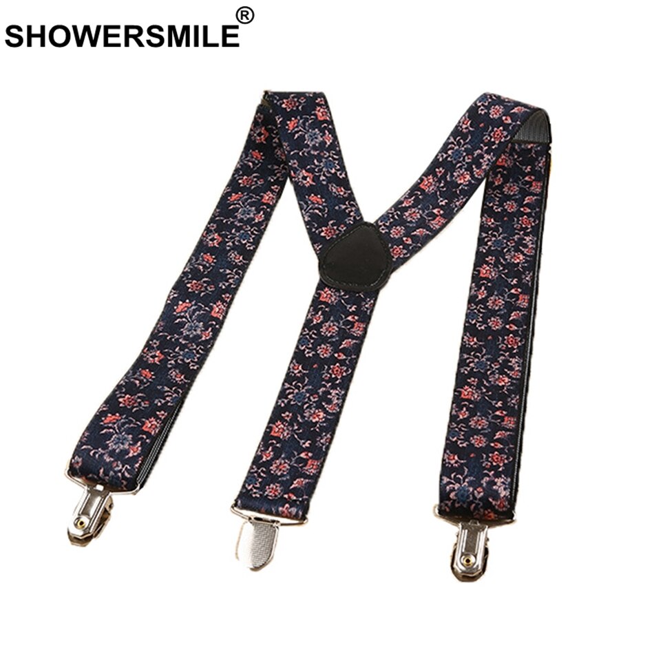 SHOWERSMILE-bretelles Floral pour hommes, larges bretelles Vintage pour pantalons masculin, imprimé marine, ceinture à bretelles arrière en Y avec Clips, 100cm