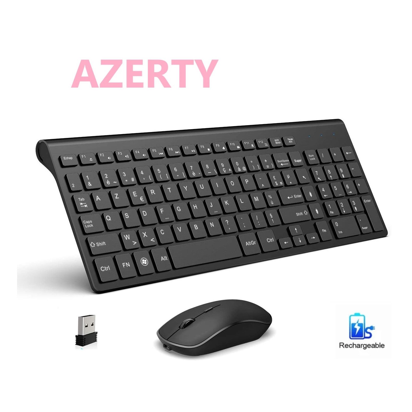 French keyboard wireless mouse and keyboard combination.2.4G.Rechargeable AZERTY keyboard, ergonomic, suitable for PC/laptop/TV