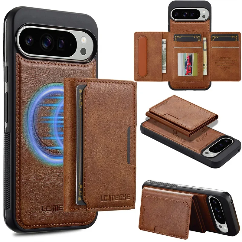 MagSafe Magnetic Flip Leather Phone Case for Google Pixel 9 Pro XL 8 7 8A 7A Detachable Wallet Card Pocket Back Cover Cpque Etui: Brown / For Google Pixel 9