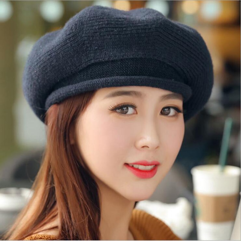 Boina mezclada de lana tejida para mujer, gorro de Otoño Invierno, boinas para mujeres,