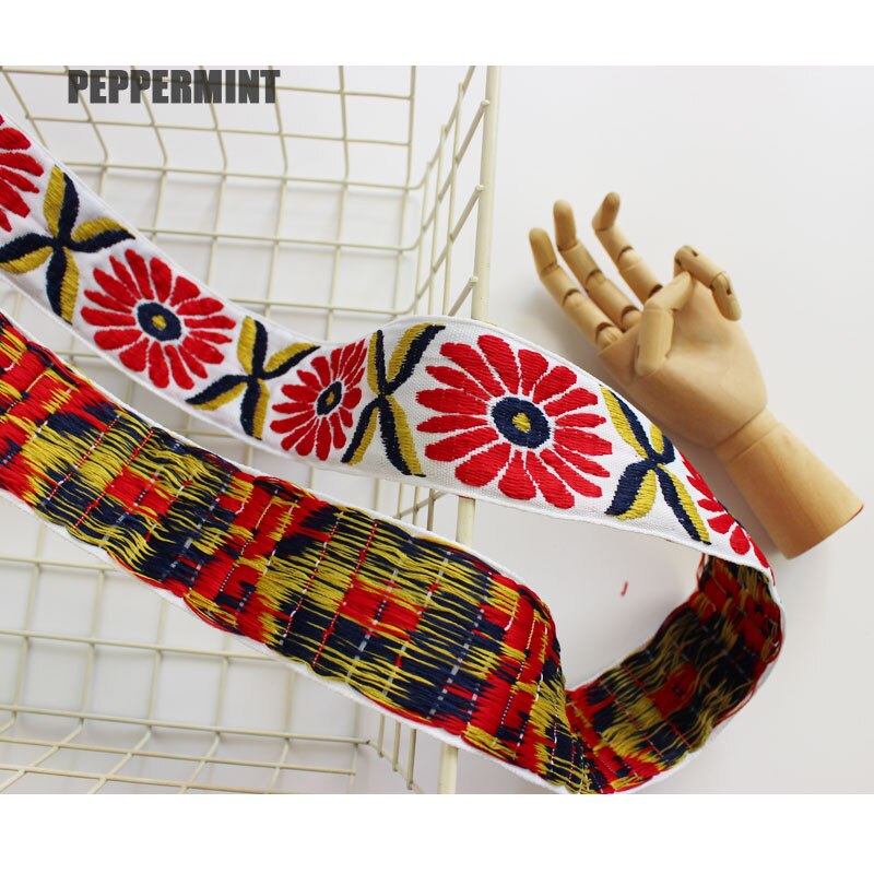 Tira de bordado de flores rojas de 5cm, cinta gruesa, recorte de encaje étnico, accesorios para ropa, bolsa de tela bordada