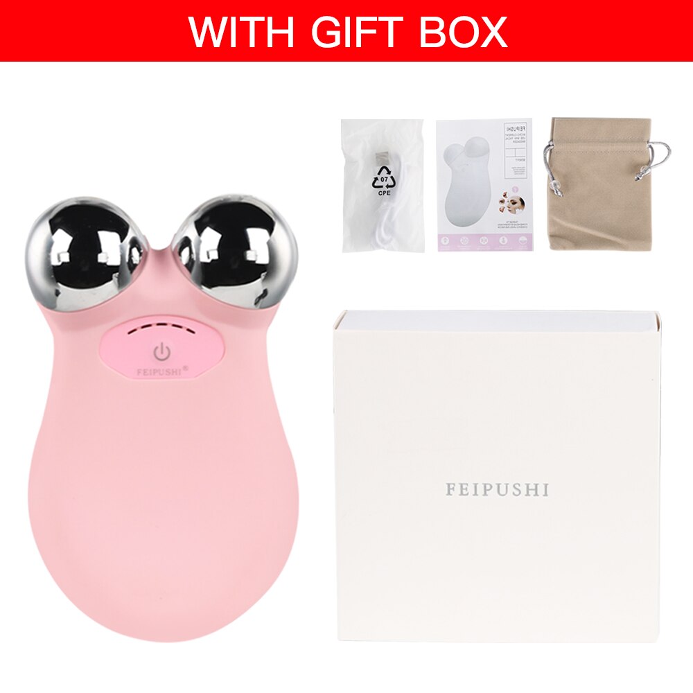 EMS Face Lifting Microcurrent Roller Massager Skin Tightening Anti Wrinkle Facial Slimming Massage Face Lifting Machine: Pink With Gift Box