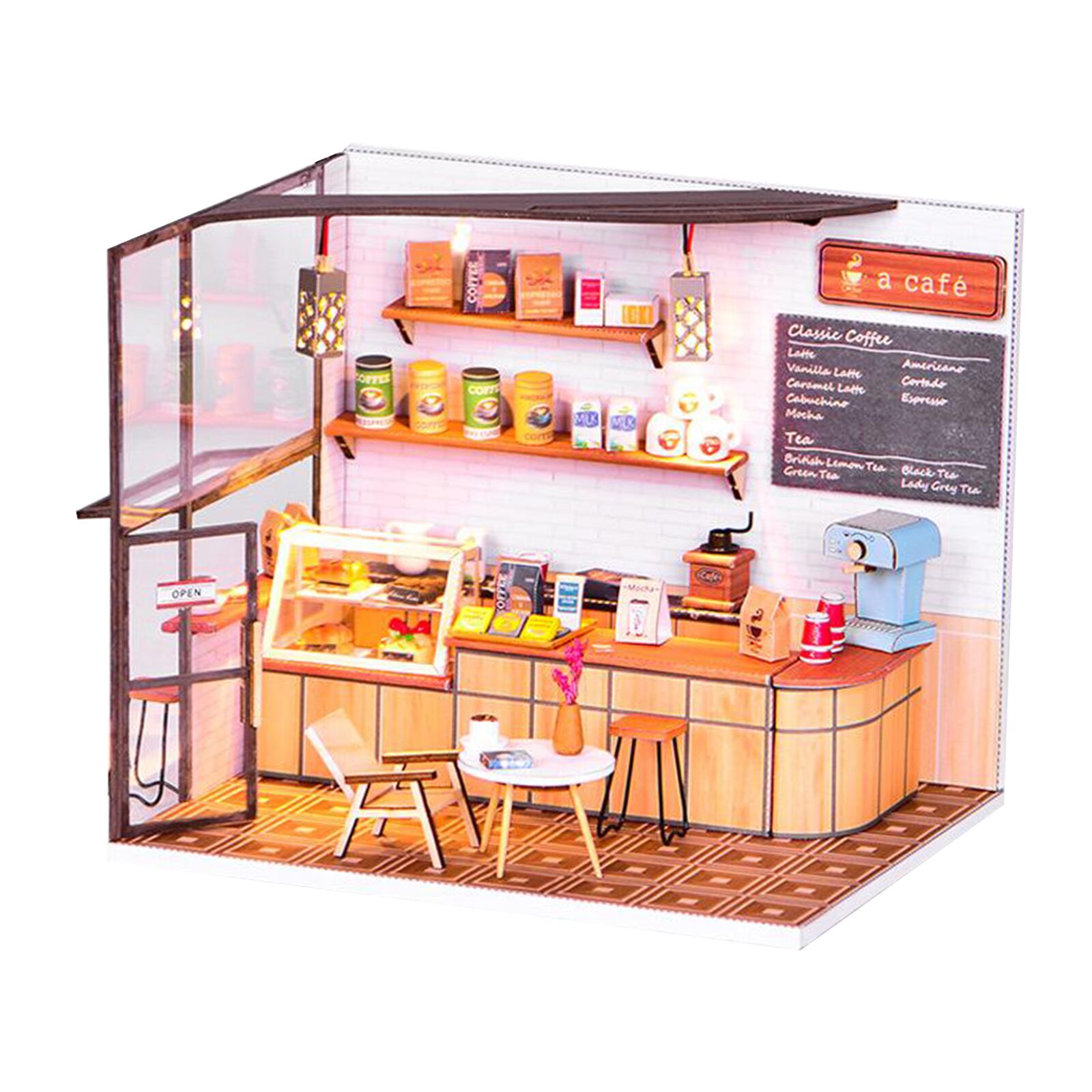 Cat Cafe Houten Miniatuur Poppenhuis Kit DIY Huisdier Kat Koffiewinkel Bouwmodel Accessoires met Meubels LED Licht Muziekdoos Verjaardag Kerstcadeau (geen stofhoes