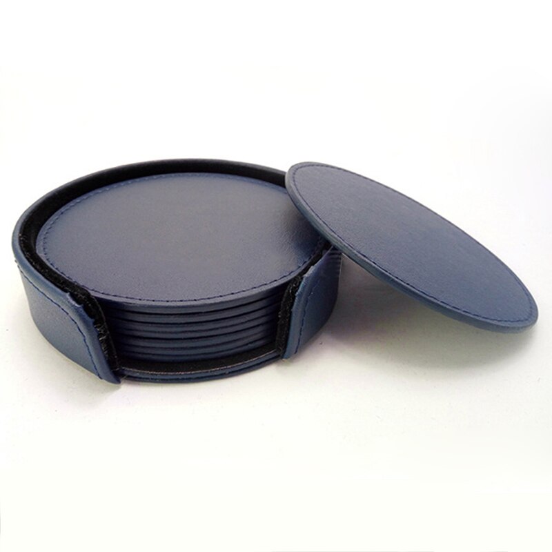 7 stk lær koppematter pu lær drikke dalbane sett holder cupcoaster sklisikker rund kaffekopp matte sett svart bordplate