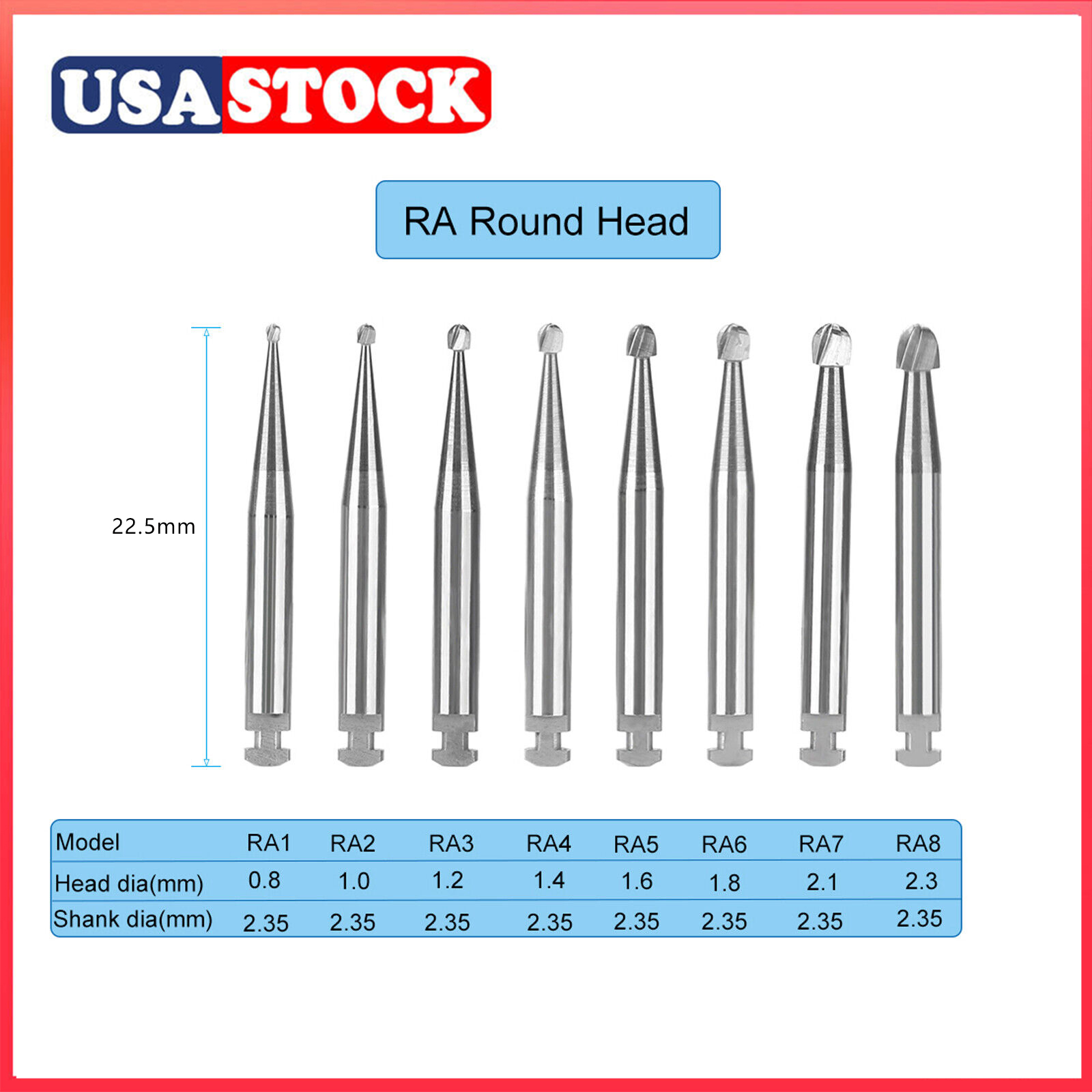 5 unids/caja fresas dentales de carburo de acero de tungsteno cabeza redonda pestillo RA 0,8/1/1,2/1,4/1,6/1,8/2,1/2,3mm para pieza de mano de baja velocidad 2,35mm