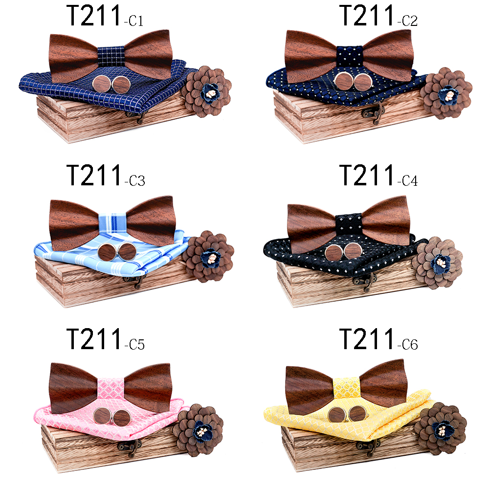 Justerbar 3d træsløjfe sæt plaid blomsterlomme firkantet broche og manchetknapper med trææske til mænd butterfly sæt