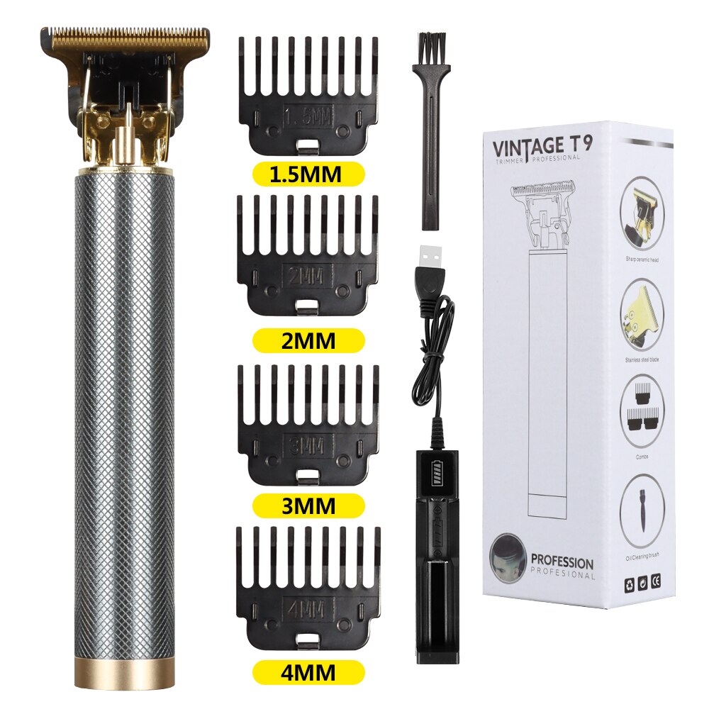 Cortadora de pelo recargable por USB T9 para hombre, máquina para cortar cabello con pantalla LCD, herramienta de estilismo para corte de pelo y barba, novedad de: Silver box