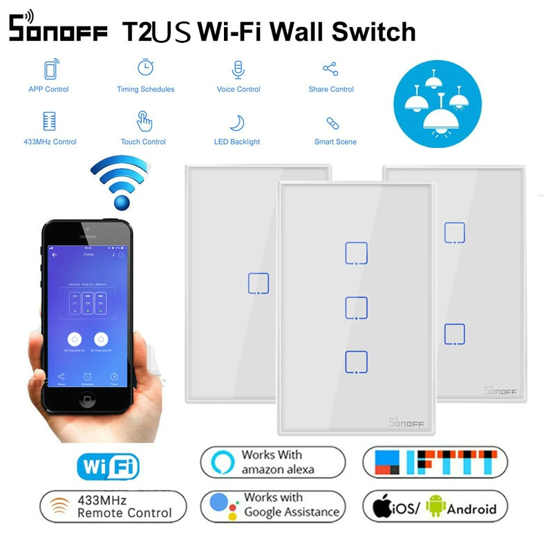 SONOFF T2US TX Smart Wifi tactile interrupteur mural avec bordure Smart Home 1/2/3 Gang 433 RF/voix/APP contrôle avec Alexa Google