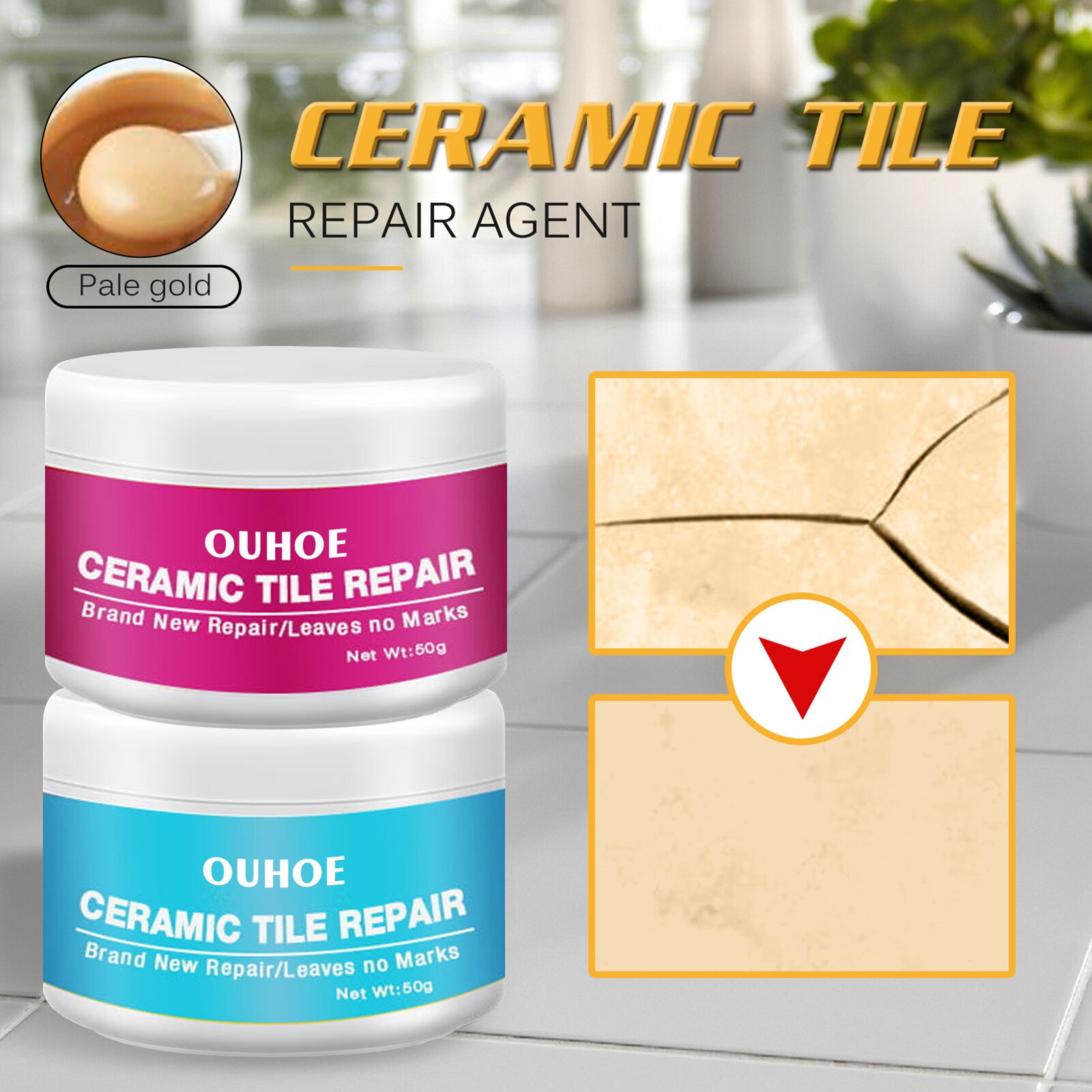 Ceramic Tile Repair Agent Ceramic Paste Floor Tile Adhesive Bathroom Closestool Marble Pit Glazed Fix Repair Paste: Gold