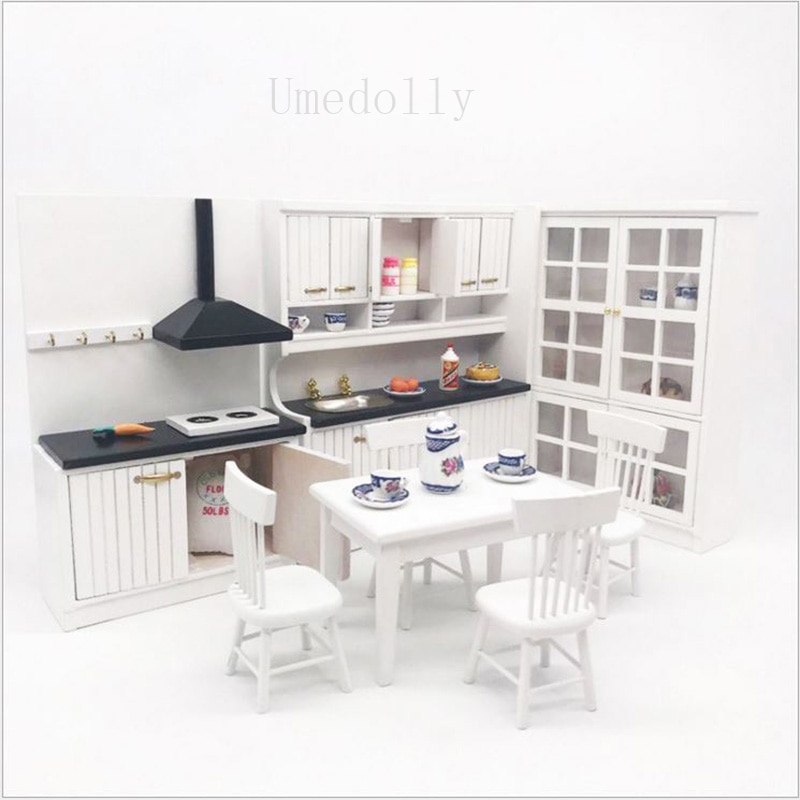 1 Set 1/12 Scale Dollhouse Miniature Kitchen Cabinet + Dinning Table + Chair Mini Furniture Toy Accessories