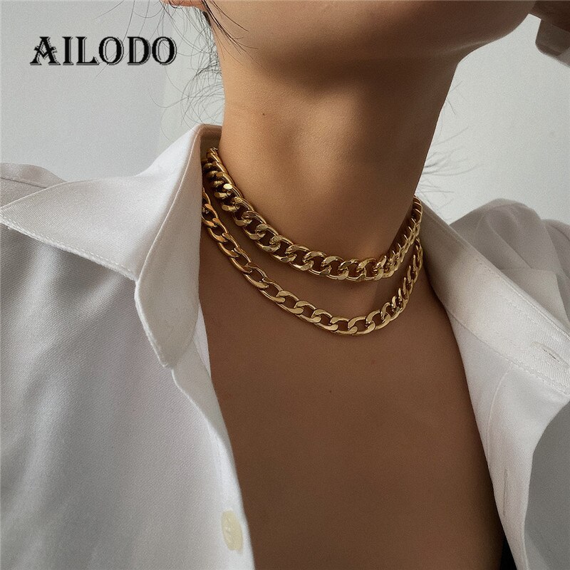 Ailodo-collar cadena cubana Punk para mujer, gargantilla de Color dorado y plateado, joya llamativa para , joyería para niña, 20JUN87