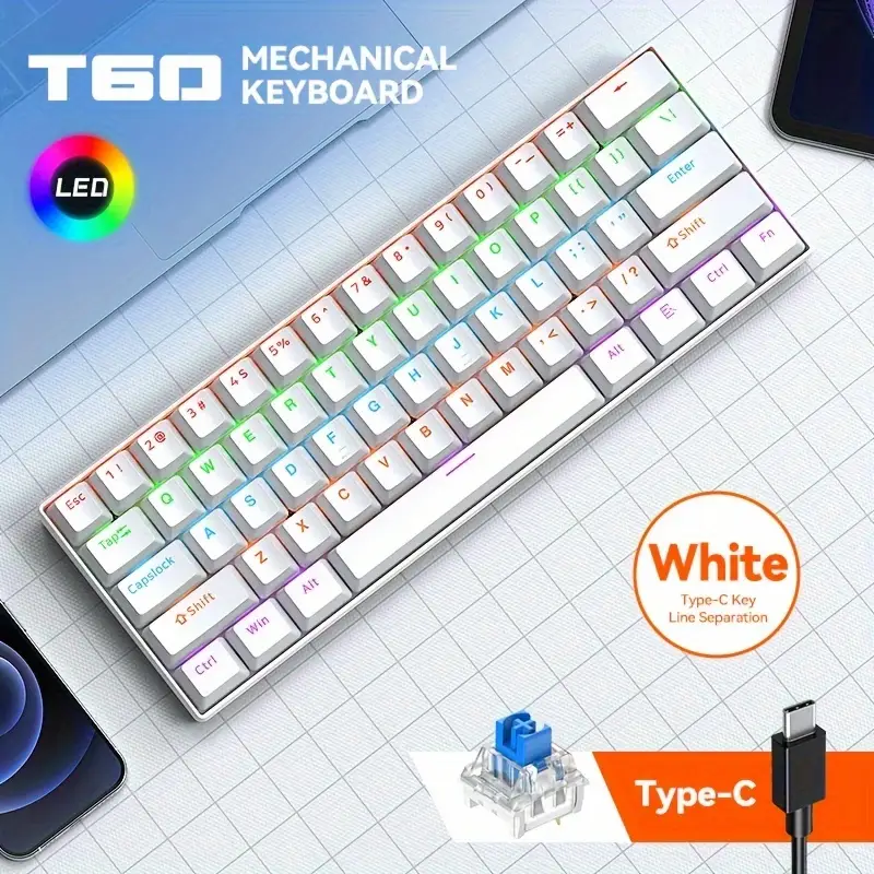 [USB-C Wired Mechanical Keyboard] 61-Key Mechanical Keyboard, Dual-Tone Injection Keycaps, -Swappable, USB-C Wired: WHITE