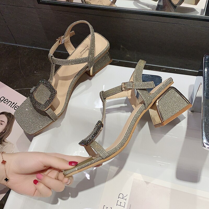 Zomer dames sandalen luxe glanzende strass schoenen meisje blauw hoge dikke hak romeinse schoenen casual avond feest sandalen