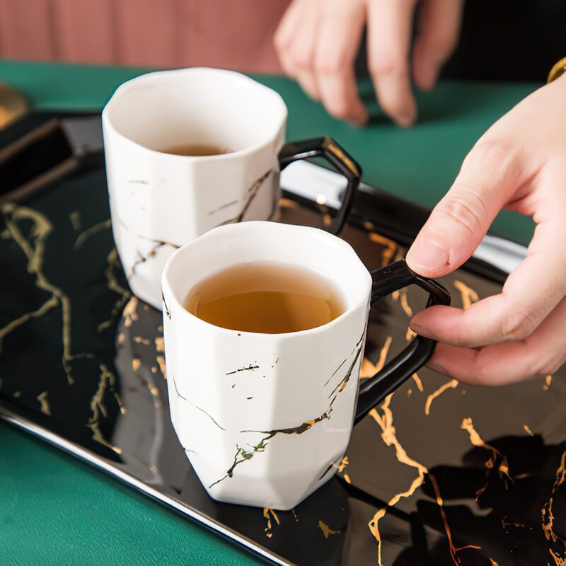 European Style Simple Black and White Marble Gold Ceramic Coffee Tea Set Hotel Household with Tray Teapot Cup Set Water Set