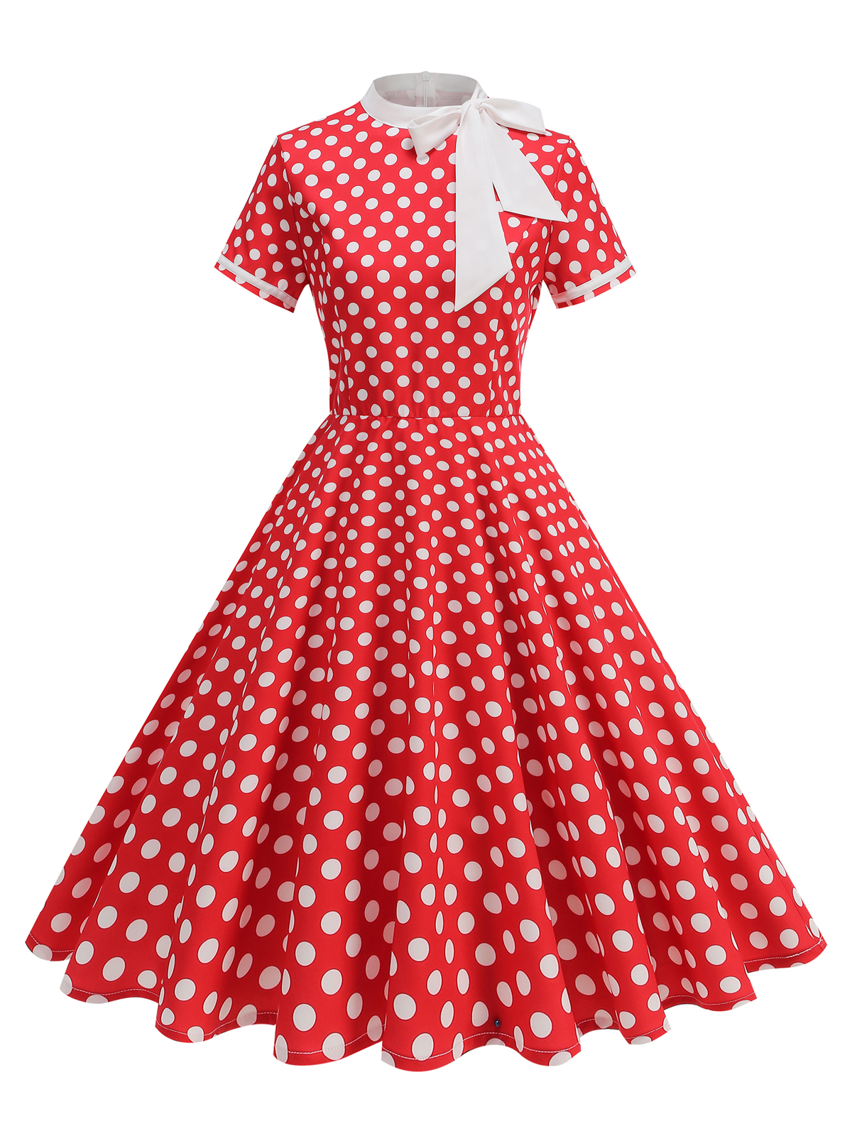 Tonval 1950s vintage fest fødselsdagskjole sommertøj til kvinder sløjfe hals polkaprikket print midi swingkjoler: Xxl / Rød