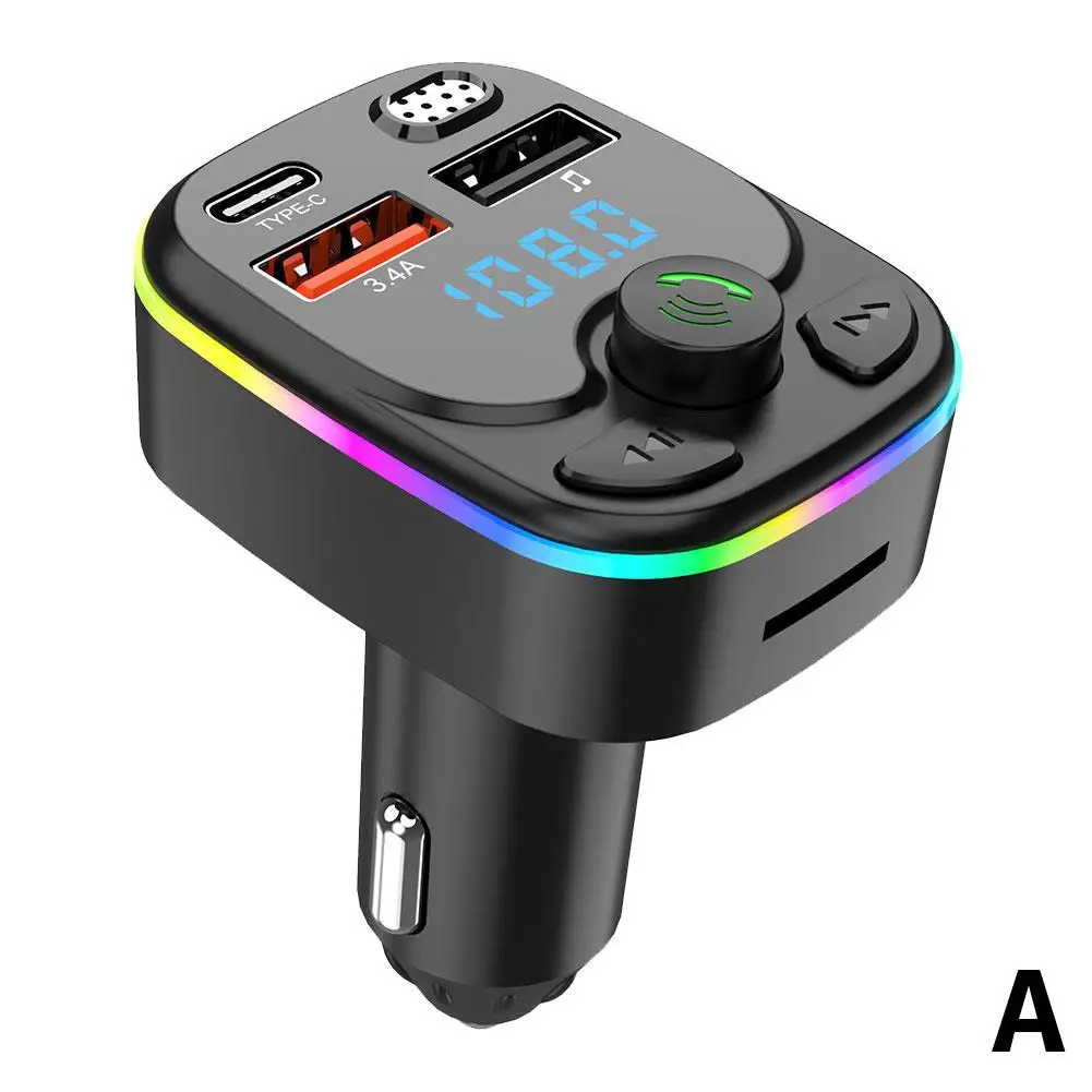 Transmisor FM manos libres Bluetooth 5,0 para coche PD tipo C Dual USB 3.4A luz ambiental colorida reproductor modulador MP3 2023: Blanco
