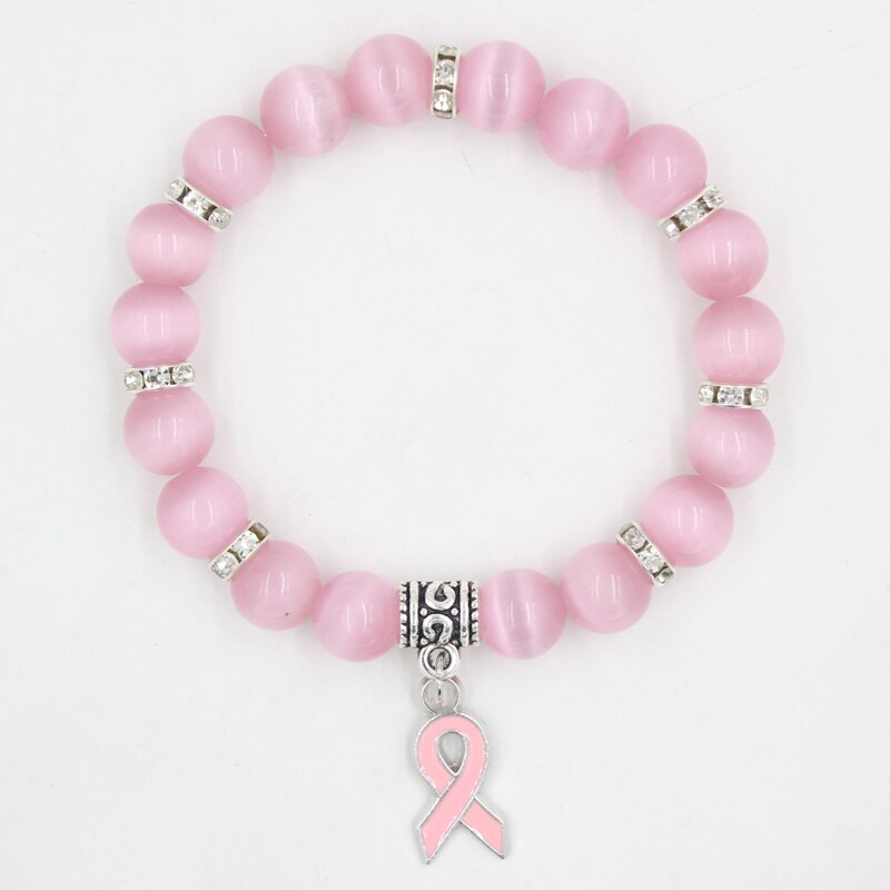 Pulsera de cuentas de ópalo blanco y rosa, joyería de concientización sobre el cáncer de mama, pulseras y brazaletes con abalorios de cinta rosa