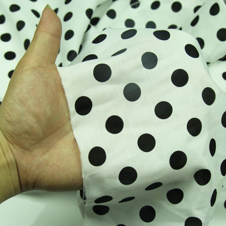 Black polka dot print on white bottom silk and cotton blended fabric,SCT574