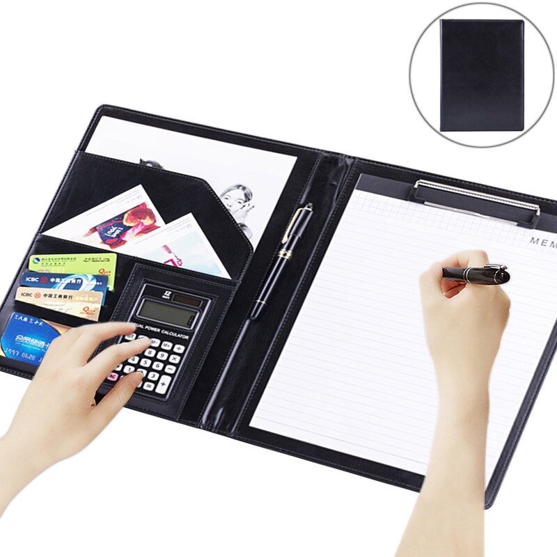 Office Supplies Business Style Leather Document Folder with 30-pages A4 Note Pad &amp; Calculator: black