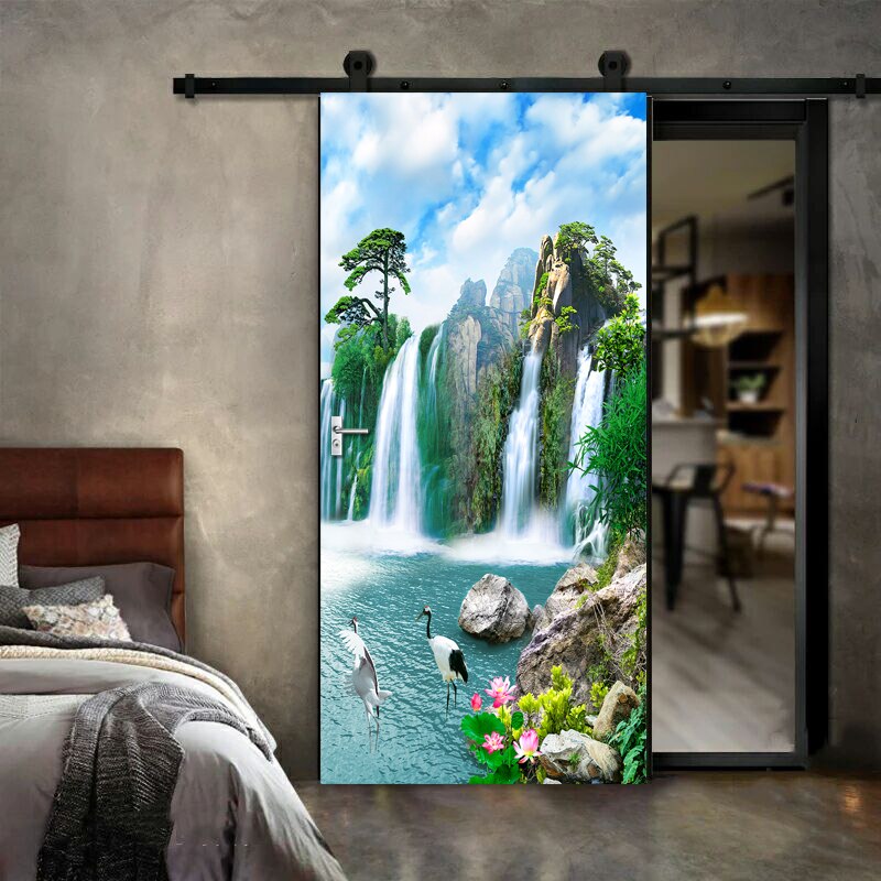 Waterfall Chinese Door Sticker 3D Nature Scene Living Room Bedroom Door Wallpaper Wall Stickers Self-Adhesive Waterproof Decor