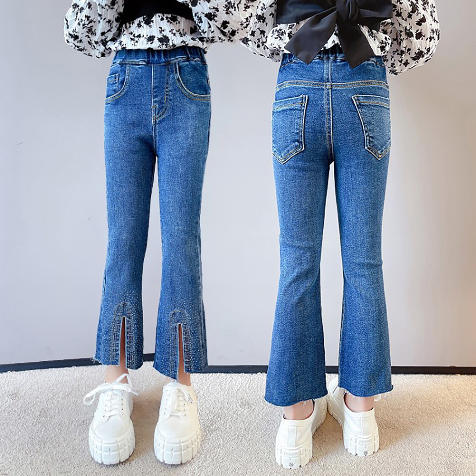 Pantalones vaqueros ligeros de campana para niña, de estilo informal ropa vaquera, rebaba con abertura, primavera y otoño