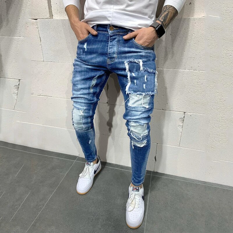 European size men's ripped slim patch jeans men's casual pants