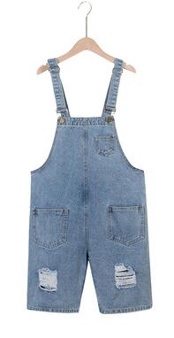 Pregnant Women Summer Suspenders Braces Denim Shorts Jeans Adjustable Strap High Waist Maternity Cotton Overalls Loose Jumpsuits: blue with holes / XL